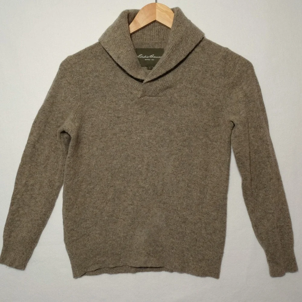 VTG Eddie Bauer Sweater Mens L 100% Lambswool Shawl Collar Academia Tan Heather